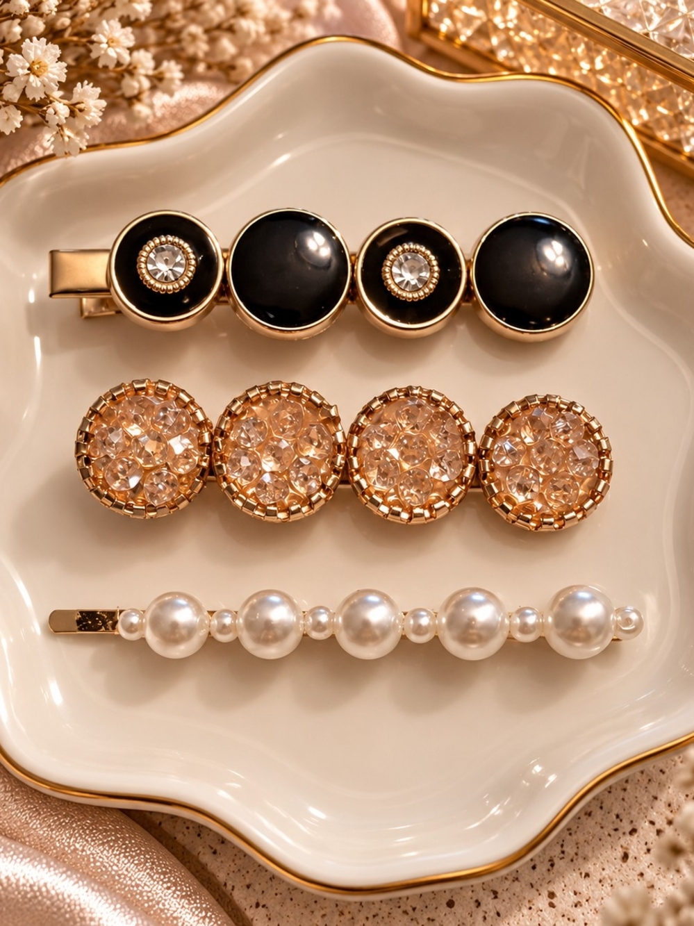 Gold Pearl & Crystal Hair Clip Set - Black, Gold, Pearl New